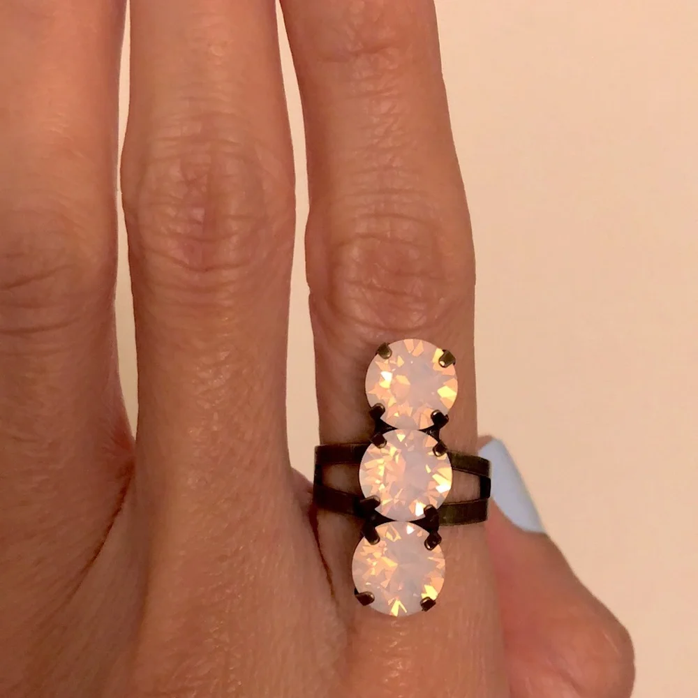 Pink Opal + Antique Brass Crystal Statement Ring